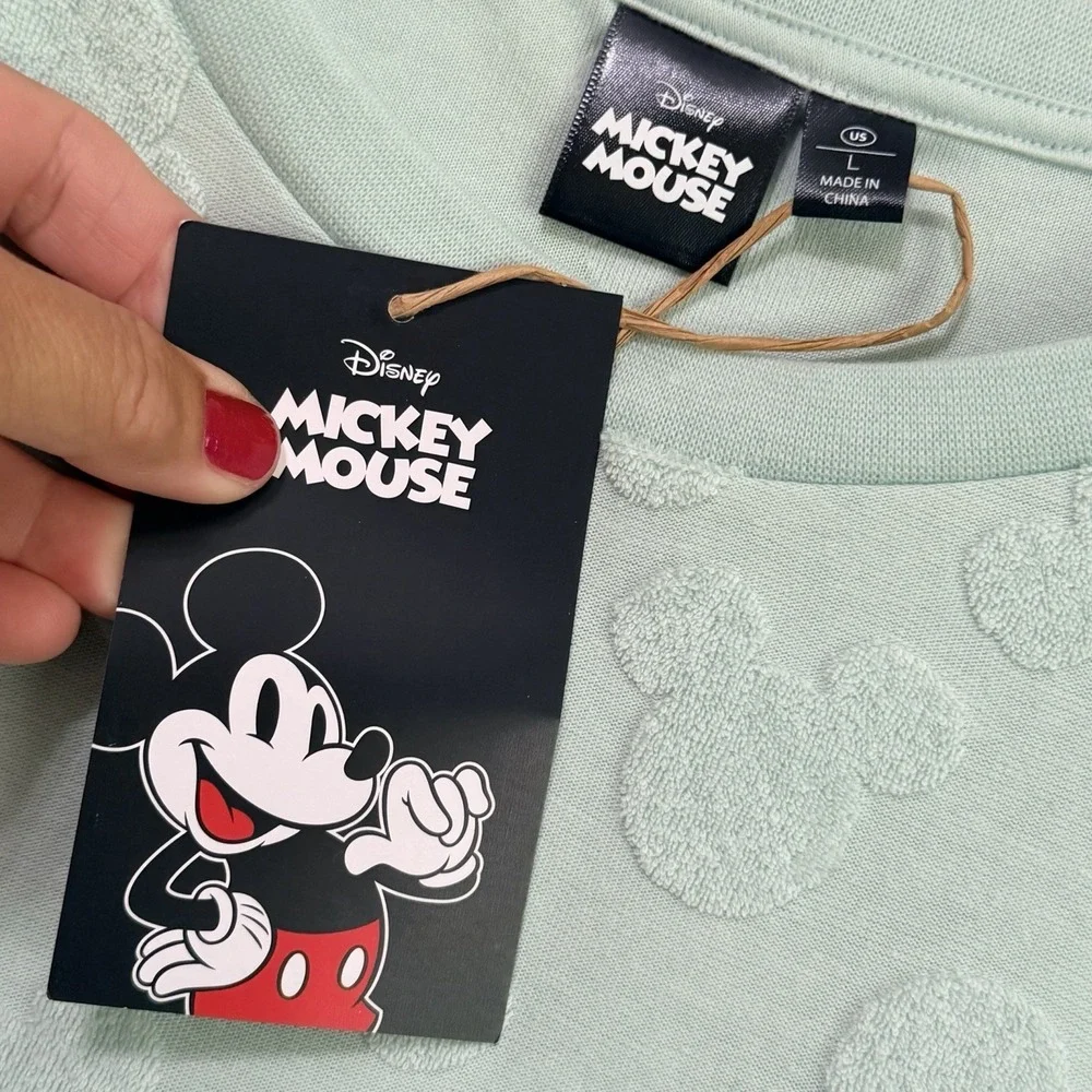 Disney Mickey Mouse Womens Tee Shirt L Embossed Mint Green Short Sleeve NEW
